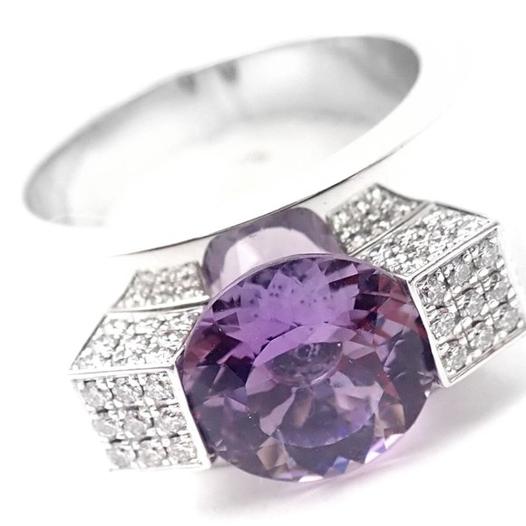 Authentic! Chopard 18k White Gold Diamond Amethyst Wide Band Ring - Picture 1 of 9